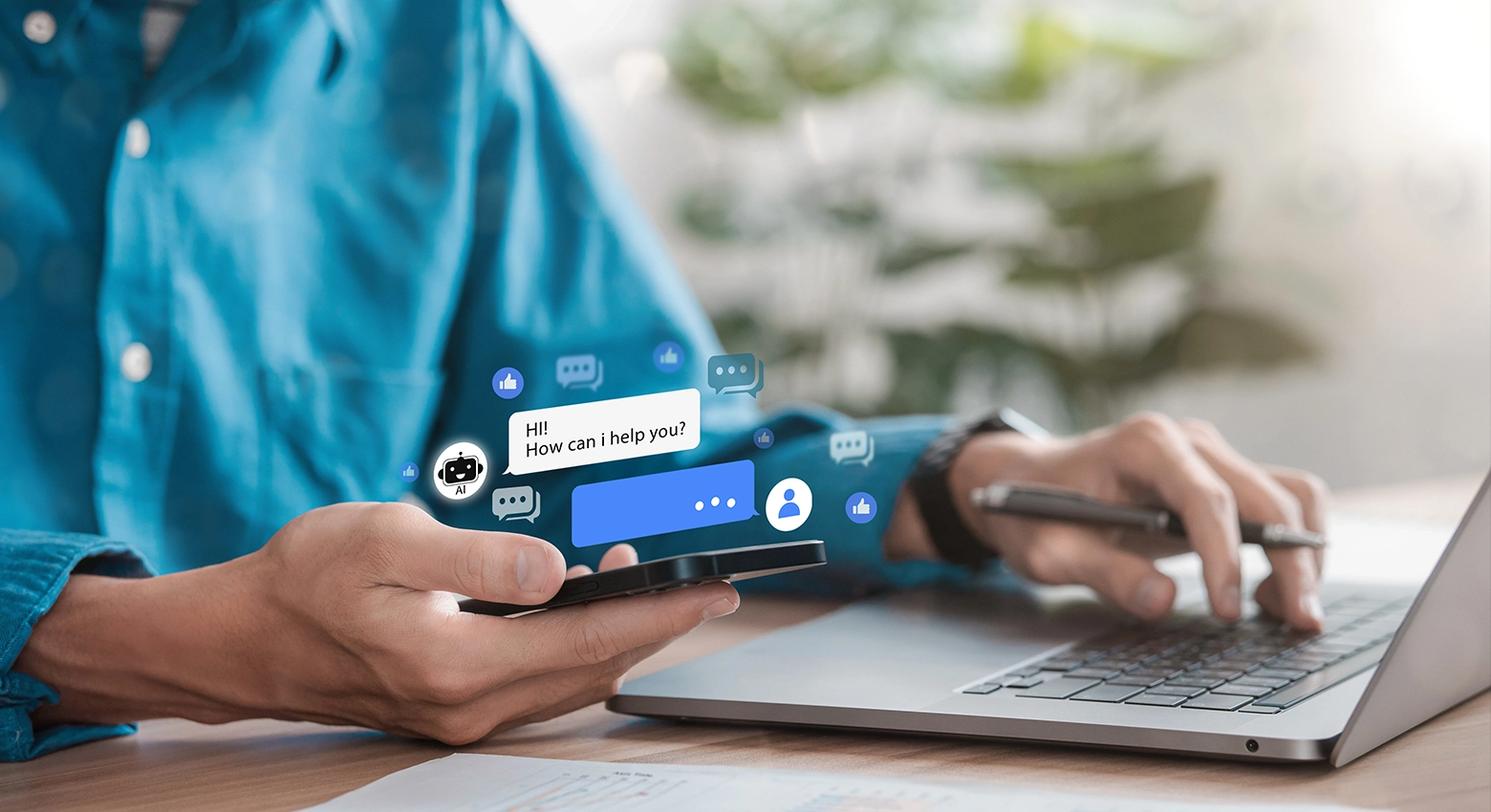 homens com telefone na mão e texto de IA flutuante