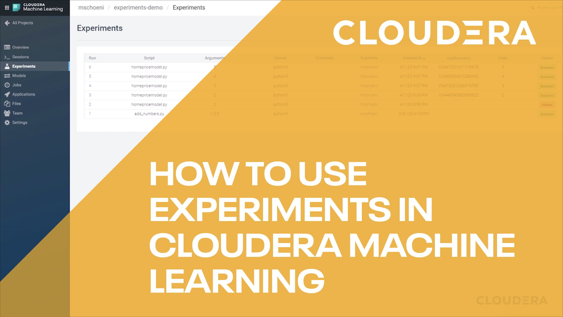 Vídeo de como usar experimentos no Cloudera Machine Learning