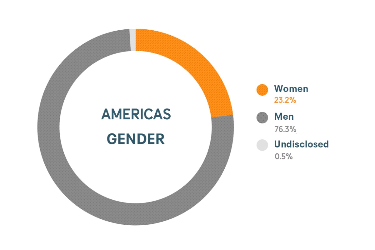 Cloudera Diversity and Inclusion data for Americas Gender: Women 24%, Men 76%