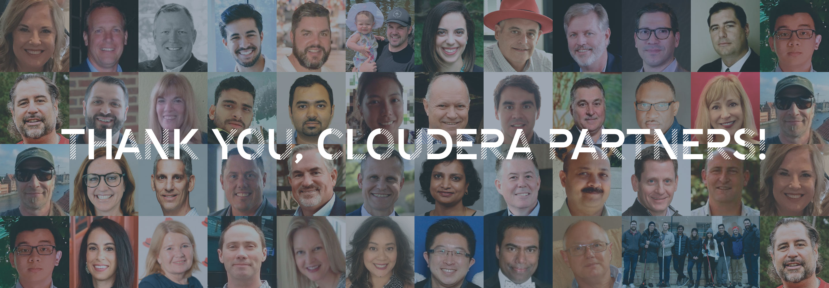 Foto de rostos de parceiros individuais agradecendo aos parceiros da Cloudera! 