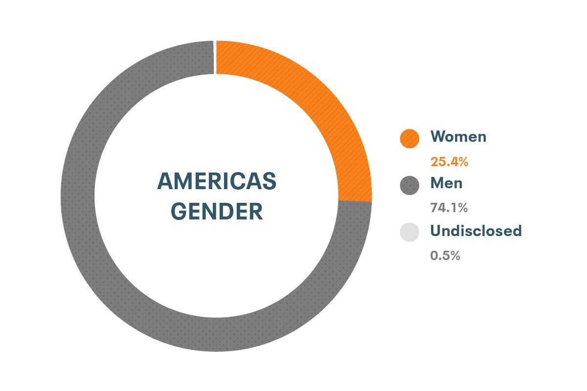 Dados de diversidade e inclusão de gênero da Cloudera nas Américas: mulheres 25%, homens 76,4%, não informado 0,4%