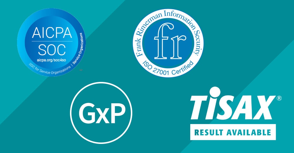 Logos: SOC GxP TISAX FRIS ISO27001 