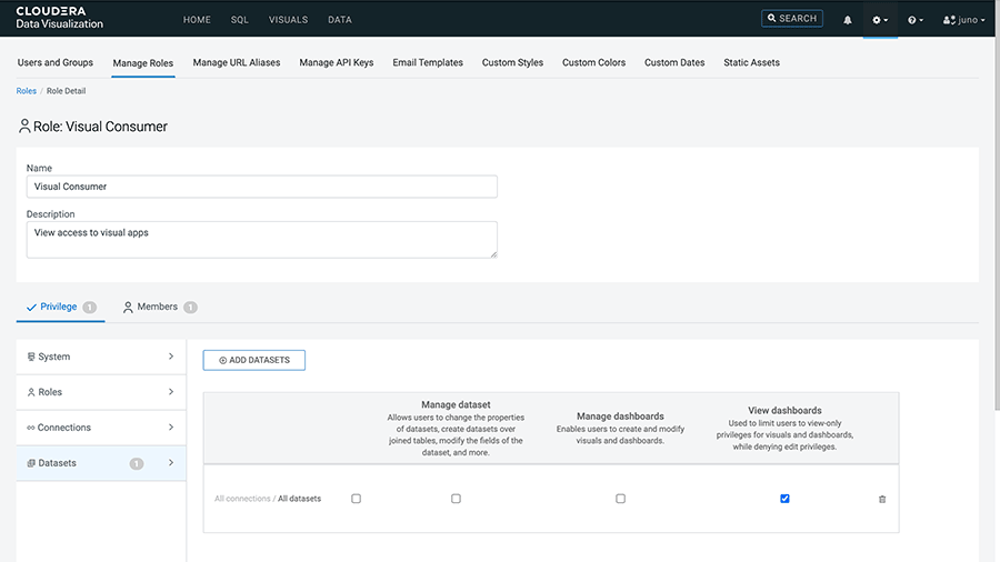 Captura de tela dos controles de acesso baseados em funções no Cloudera Data Visualization